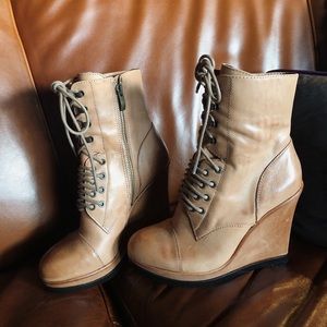 Tan Leather Wedged Booties
